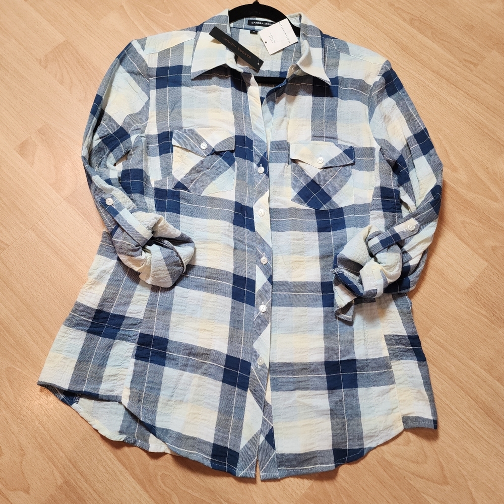 NWT Sandra Ingrish 100% Cotton Blue Yellow Plaid Button Down Roll Tab Medium